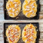 A vertical collage of four images showing the steps for making buffalo chicken flatbread