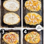 A numbered collage of four images showing the steps for making buffalo chicken flatbread. The text reads, "buffalo chicken flatbread"