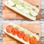 Four images show how to assemble a chicken tender sub. Bread is laid on a wooden cutting board, and in the first image, chicken is added. In the second image, lettuce and cheese are added. In the third image, tomato is laid on top. Finally, the sandwich is cut in half and served.