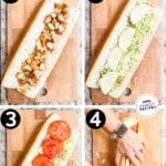 Four images show how to assemble a chicken tender sub. Bread is laid on a wooden cutting board, and in the first image, chicken is added. In the second image, lettuce and cheese are added. In the third image, tomato is laid on top. Finally, the sandwich is cut in half and served. The text reads, "chicken tender subs."