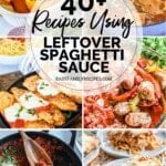 photo collage of 6 photos; recipe using leftover spaghetti sauce.