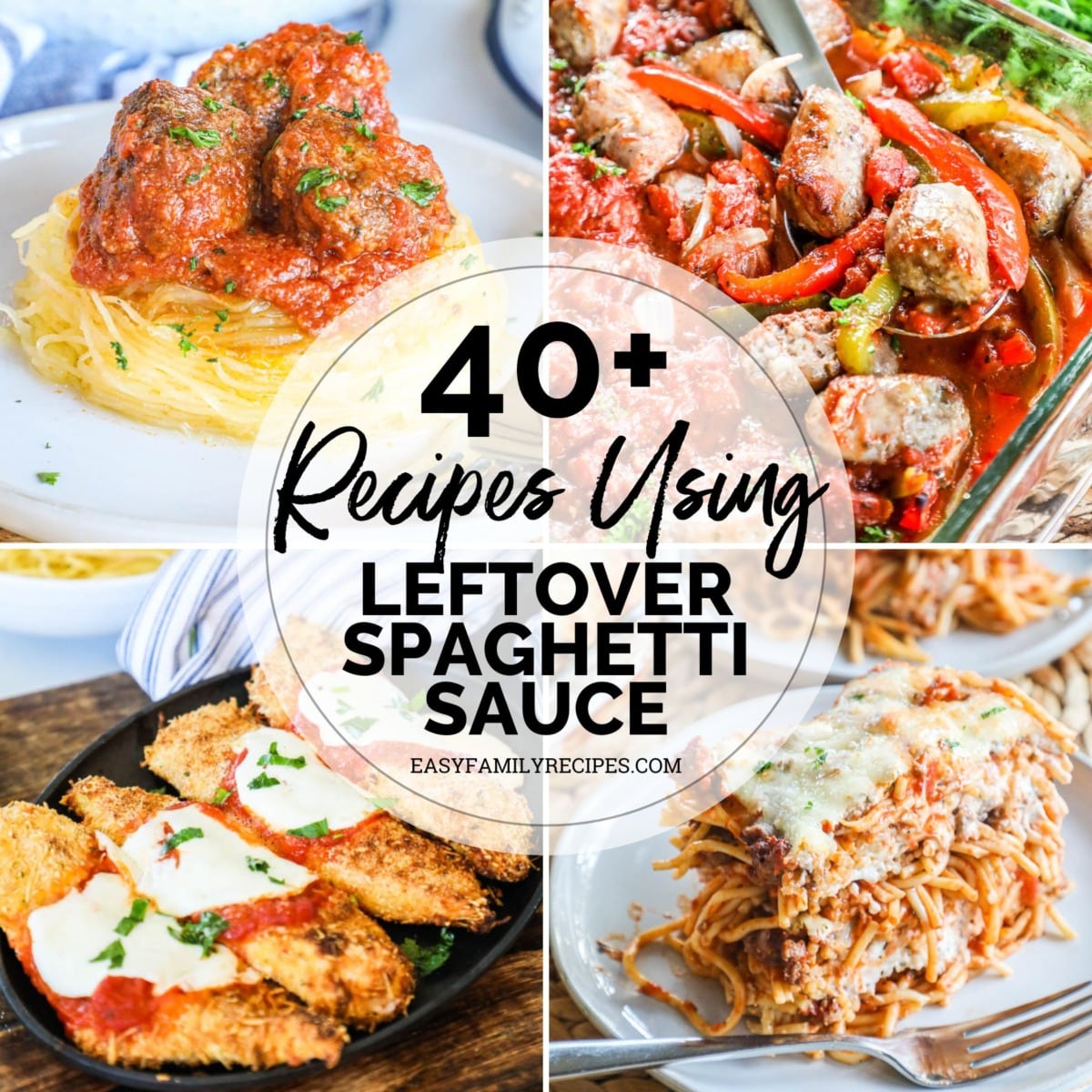 photo collage of 4 photos; recipe using leftover spaghetti sauce.