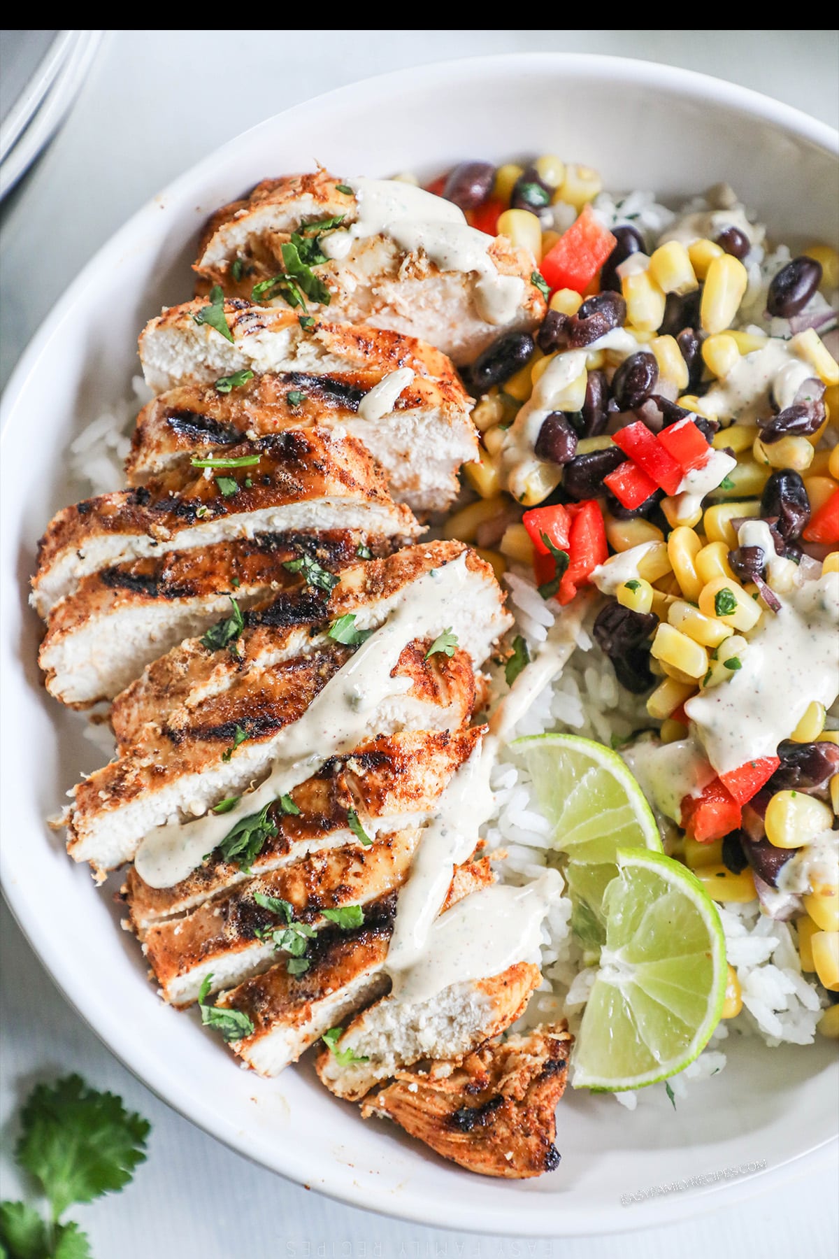 Southwest grilled chicken with sauce, lime wheels, and veggies on a white plate.