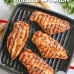 Southwest grilled chicken on a black grill pan. The text reads, "southwest grilled chicken."