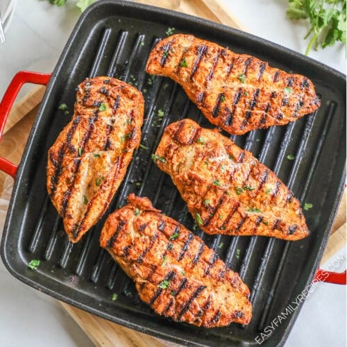Southwest grilled chicken on a grill pan.
