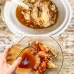 A vertical collage image showing four steps for making Asian Zing Wings. The first image shows the wings in the Crock Pot. The second shows the cooked wings. The third shows the sauce being poured over the wings. The fourth image shows the baked Asian Zing Wings, ready to serve.