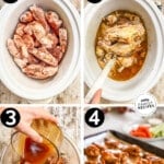 A collage image showing four steps for making Asian Zing Wings. The first image shows the wings in the Crock Pot. The second shows the cooked wings. The third shows the sauce being poured over the wings. The fourth image shows the baked Asian Zing Wings, ready to serve.