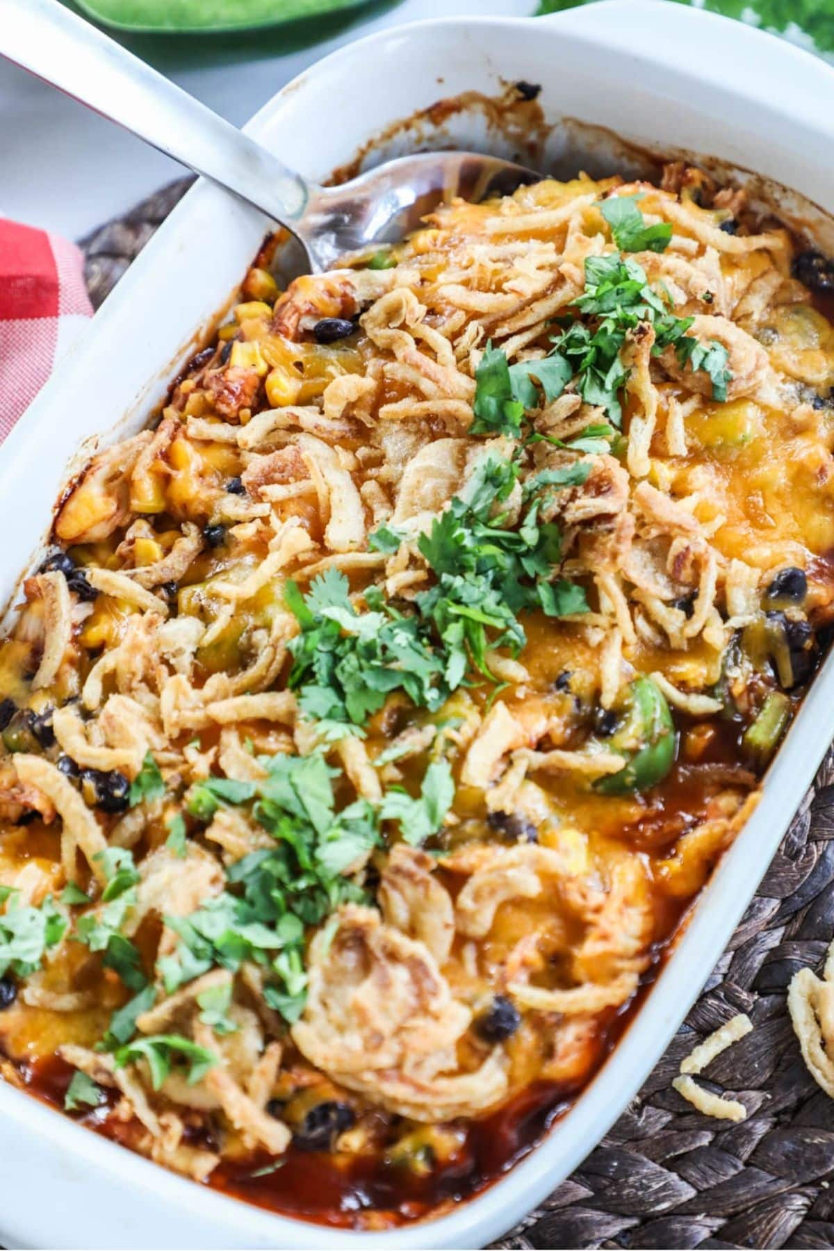 bbq pork casserole in a white baking dish