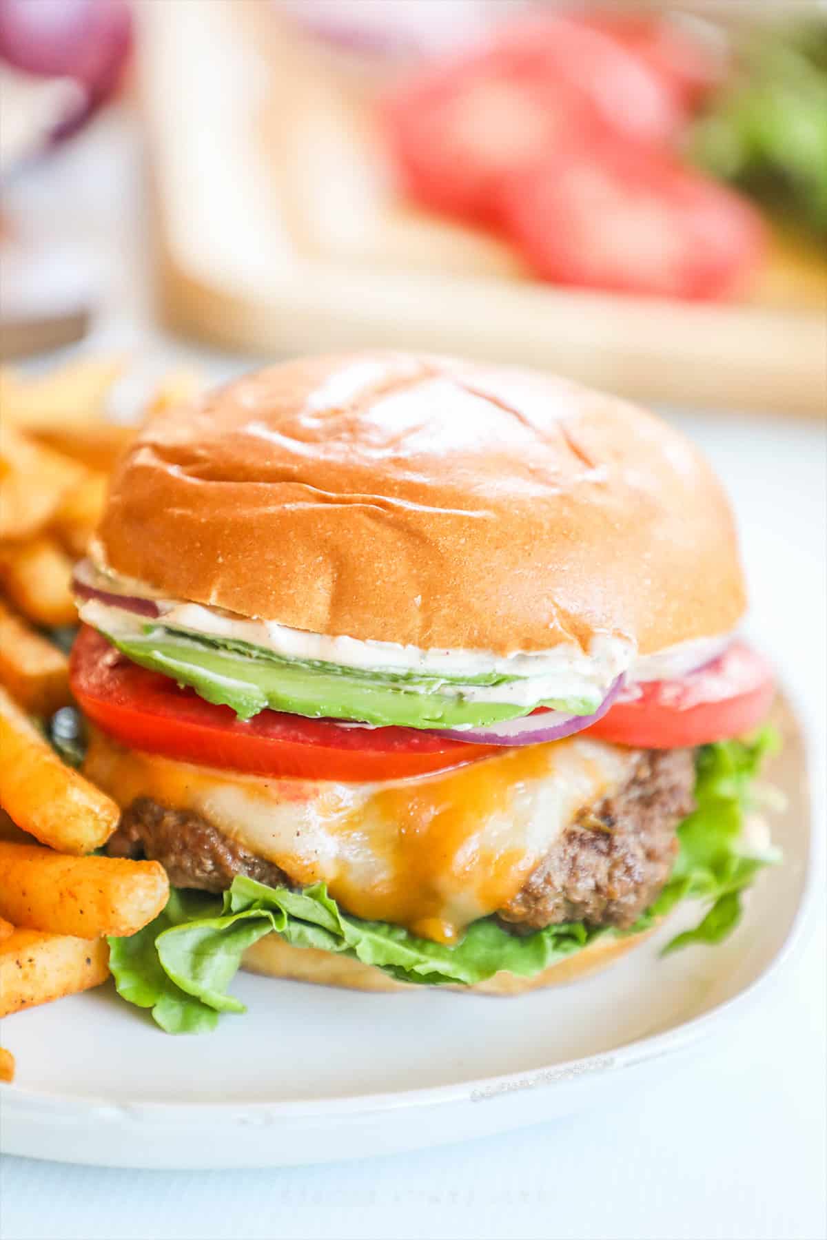 Southwest burger on a plate with fries.