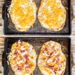 Four images show chicken bacon ranch flatbread being made.