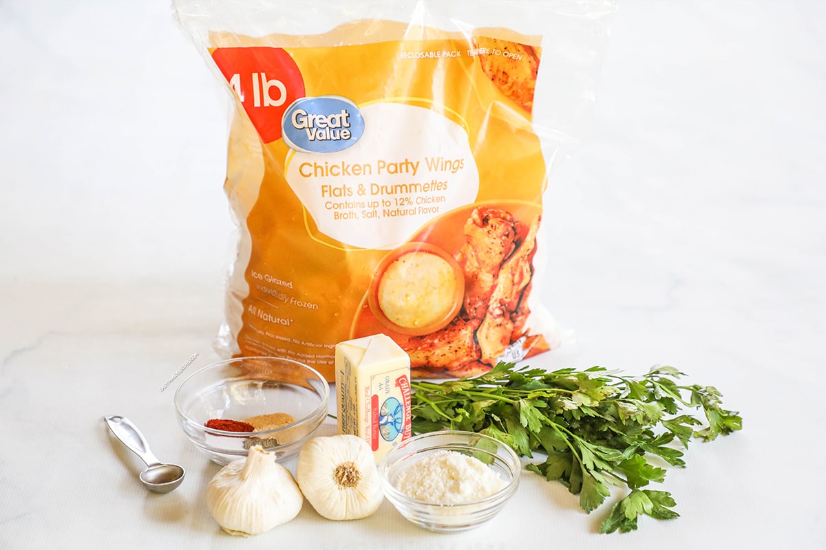 Ingredients for slow-cooker garlic parmesan chicken wings. 