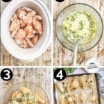 A four-image collage showing slow cooker garlic Parmesan wings being made. The first image shows the wings in the Crock Pot, the second image shows the ingredients for coating the wings, the third image shows the wings being coated, and the fourth image shows the wings lined up on a baking sheet, ready to crisp up before serving. The text reads, "Slow Cooker Parmesan Wings."