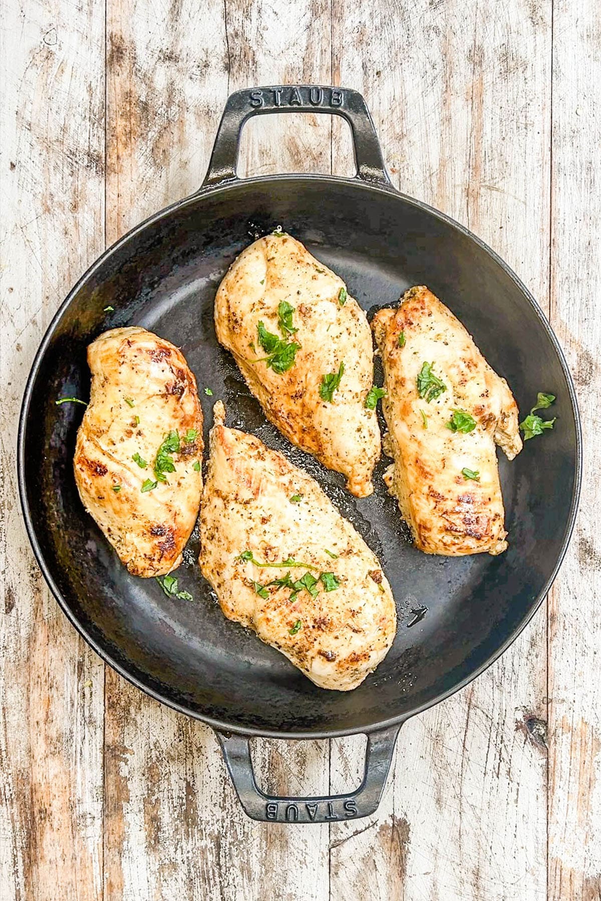 A top view of cooked Baja Chicken in a skillet for Baja Chicken Tacos. This is step 4 of the process.