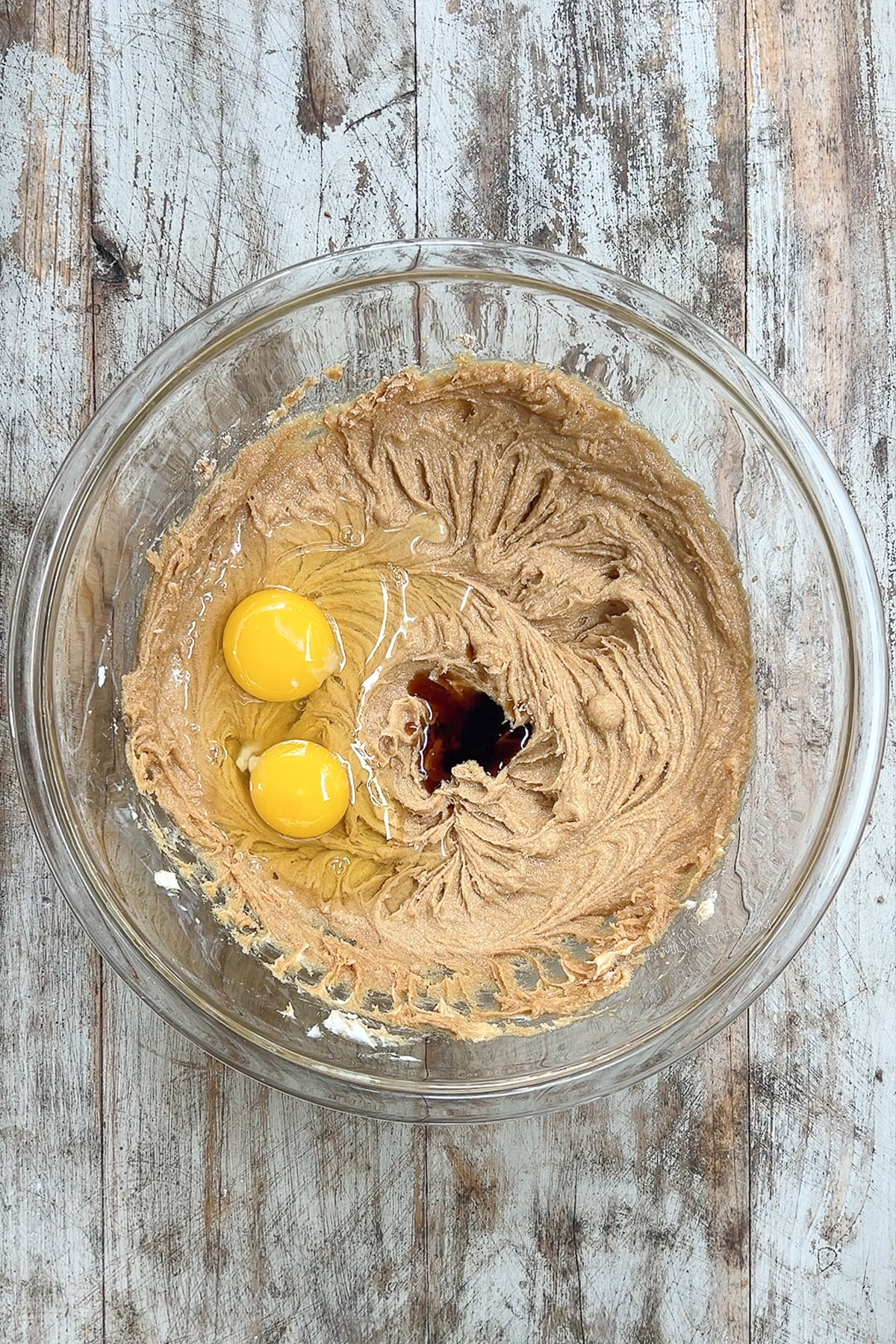 Eggs are added to the dough for Peanut Butter & Jelly Cookies.