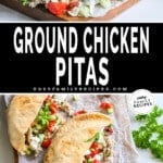 2 image collage of Mediterranean ground chicken pitas from different angles.