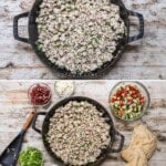 4 image collage making recipe by cooking the ground chicken in a skillet and assembling it for serving.