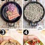 4 image collage making recipe by cooking the ground chicken in a skillet and assembling it for serving.