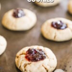 Peanut Butter & Jelly Cookies lined up on a cookie sheet. The text reads, "Peanut Butter Jelly Cookies"