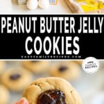 Two images depicting peanut butter & jelly cookies. The first shows the ingredients for the cookies. The second shows a close-up of a hand holding a baked cookie, ready to eat. The text reads, "Peanut Butter Jelly Cookies."