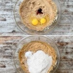 A vertical collage of four photos showing Peanut Butter & Jelly Cookies being made.