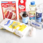 ingredients needed for easy red velvet cookies.