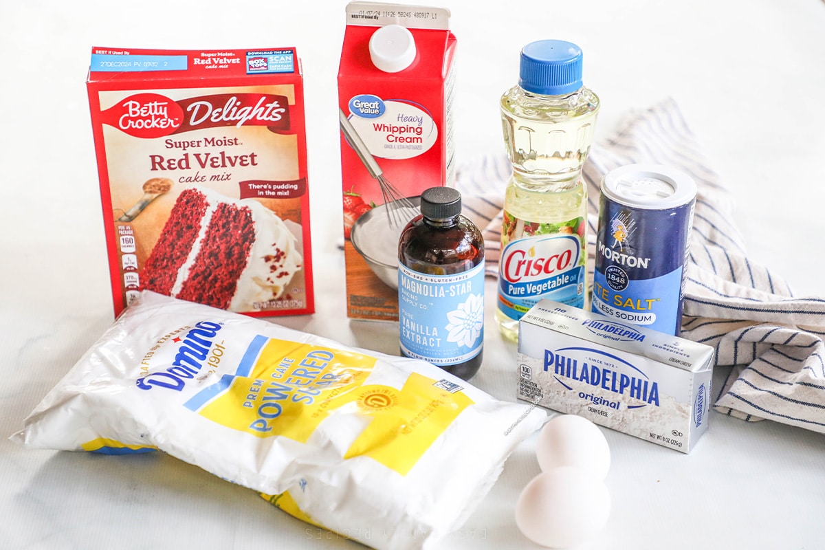 ingredients needed for easy red velvet cookies.