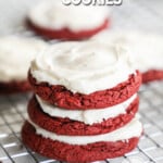 three red velvet cake mix cookies stacked.