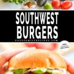 2 image collage showing ingredients and assembled southwest burger.