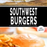 2 image collage of a southwest burger cut in half to show inside and whole with toppings.