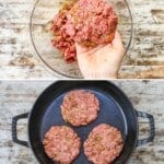 4 image collage making recipe by preparing the burger patty mixture, cooking it on a pan, and the assembled burger.