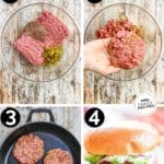 4 image collage making recipe by preparing the burger patty mixture, cooking it on a pan, and the assembled burger.