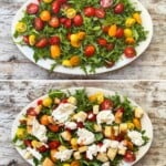 The first image shows a plate full of arugula and pesto. The second shows the arugula being topped with tomatoes. The third shows the burrata being spread over the top. The fourth image shows the completed salad.