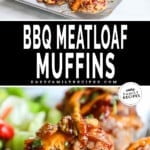 2 image collage showing a close up of BBQ meatloaf muffins and in a muffin pan with melted cheese on top .