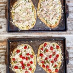 4 image process of assembling and baking a caprese chicken flatbread with pesto.