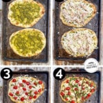 4 image process of assembling and baking a caprese chicken flatbread with pesto.