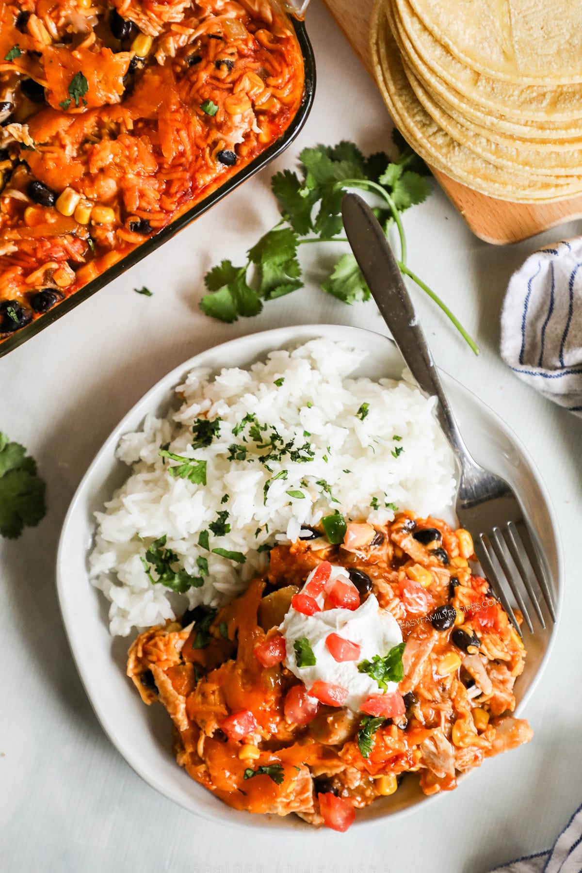 Southwest chicken casserole served on a white plate along with rice on a white background.