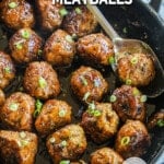 Overhead view of firecracker chicken meatballs in skillet