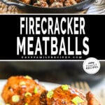 Skillet of firecracker meatballs garnished with green onions; Firecracker chicken meatballs piled onto plate