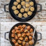 How to make firecracker chicken meatballs: 1) combine the ingredients in a bowl, 2) fry the meatballs, 3) make the sauce, 4) simmer the meatballs in the sauce