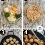 How to make firecracker chicken meatballs: 1) combine the ingredients in a bowl, 2) fry the meatballs, 3) make the sauce, 4) simmer the meatballs in the sauce