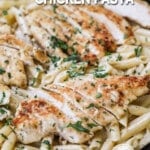 Garlic Parmesan Chicken Pasta in a skillet, ready to serve. The text reads, "Garlic Parmesan Chicken Pasta."