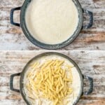 Four images lined up vertically showing the steps for how to make Garlic Parmesan Chicken Pasta. The text reads, "Garlic Parmesan Chicken Pasta."