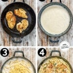 Four images showing the steps for how to make Garlic Parmesan Chicken Pasta. The text reads, "Garlic Parmesan Chicken Pasta."