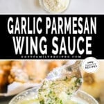 two images, one of ingredients for garlic butter wing sauce and the other with finished sauce in a bowl.