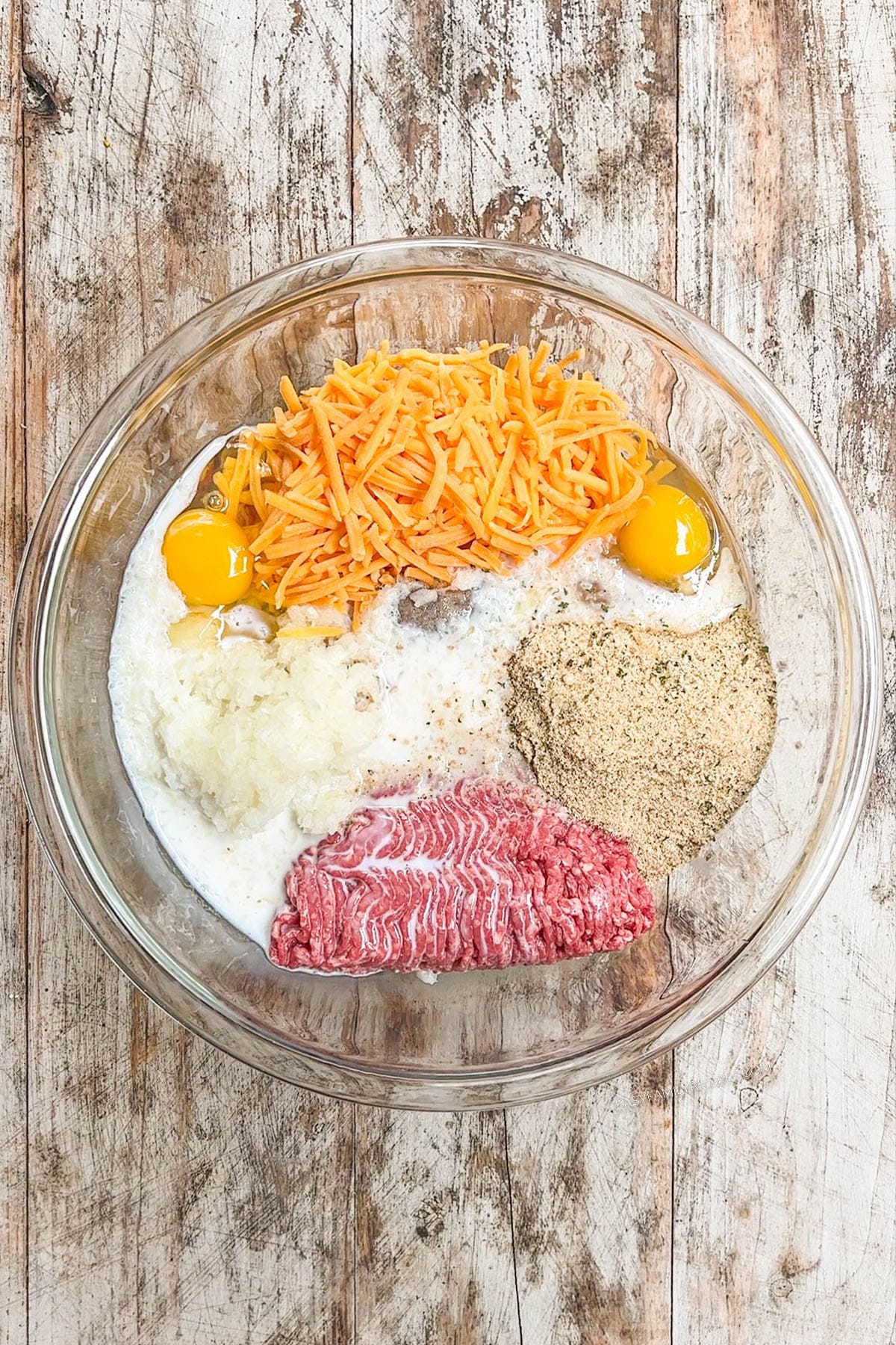 Ingredients for recipe in a bowl before mixing.