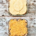 Collage image with four photos showing how to make Southwest Chicken Casserole. The first photo shows ingredients being mixed in a bowl. The second depicts corn tortillas being layered in a casserole dish over enchilada sauce. The second shows the cheese and other toppings covering the tortillas. The fourth image shows the baked casserole ready to eat.