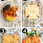 Collage image with four photos showing how to make Southwest Chicken Casserole. The first photo shows ingredients being mixed in a bowl. The second depicts corn tortillas being layered in a casserole dish over enchilada sauce. The second shows the cheese and other toppings covering the tortillas. The fourth image shows the baked casserole ready to eat. The text reads, "Southwest Chicken Casserole."