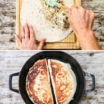 Four images showing how to assemble and cook Chicken Bacon Ranch Quesadillas.