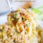 A spoonful of creamy chicken noodle casserole is scooped out of the pan. The text reads, "Chicken Noodle Casserole."