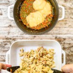 Four images in a vertical collage showing how to make Chicken Noodle Casserole.